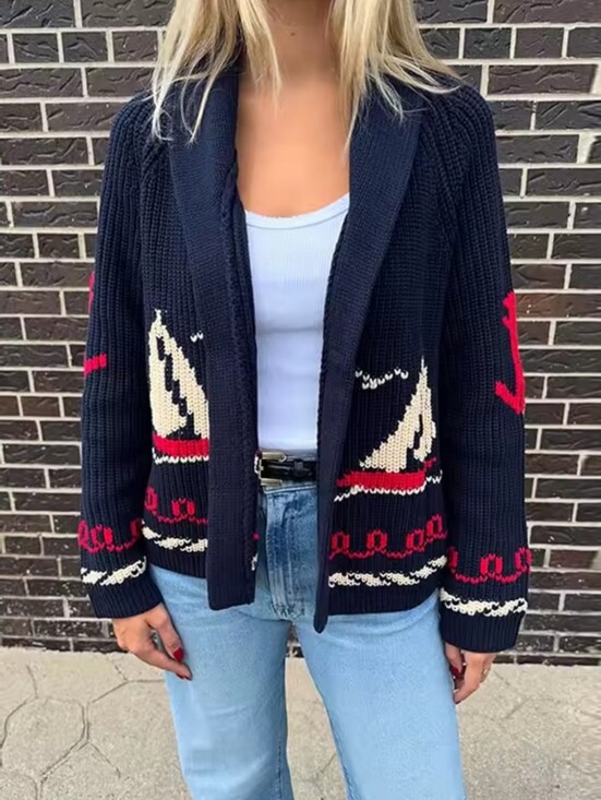 Sweaters - Navy Nautical Knit Sweater with Red & Cream Sailboat
